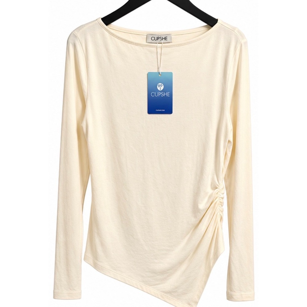 Cupshe Cream Long Sleeve Ruched Asymmetrical Hem Top CAA04C6J003GG Large NWT